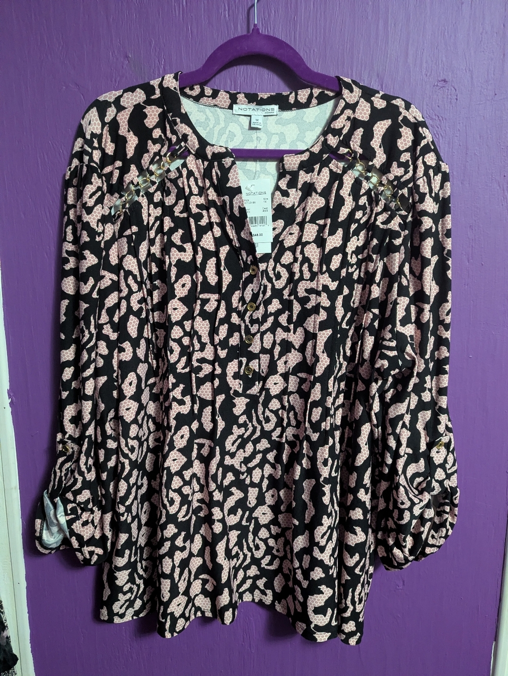 💜 NWT $48 Notations Black Pink Pleated Long Cuffed Sleeve Blouse 1X 16 18